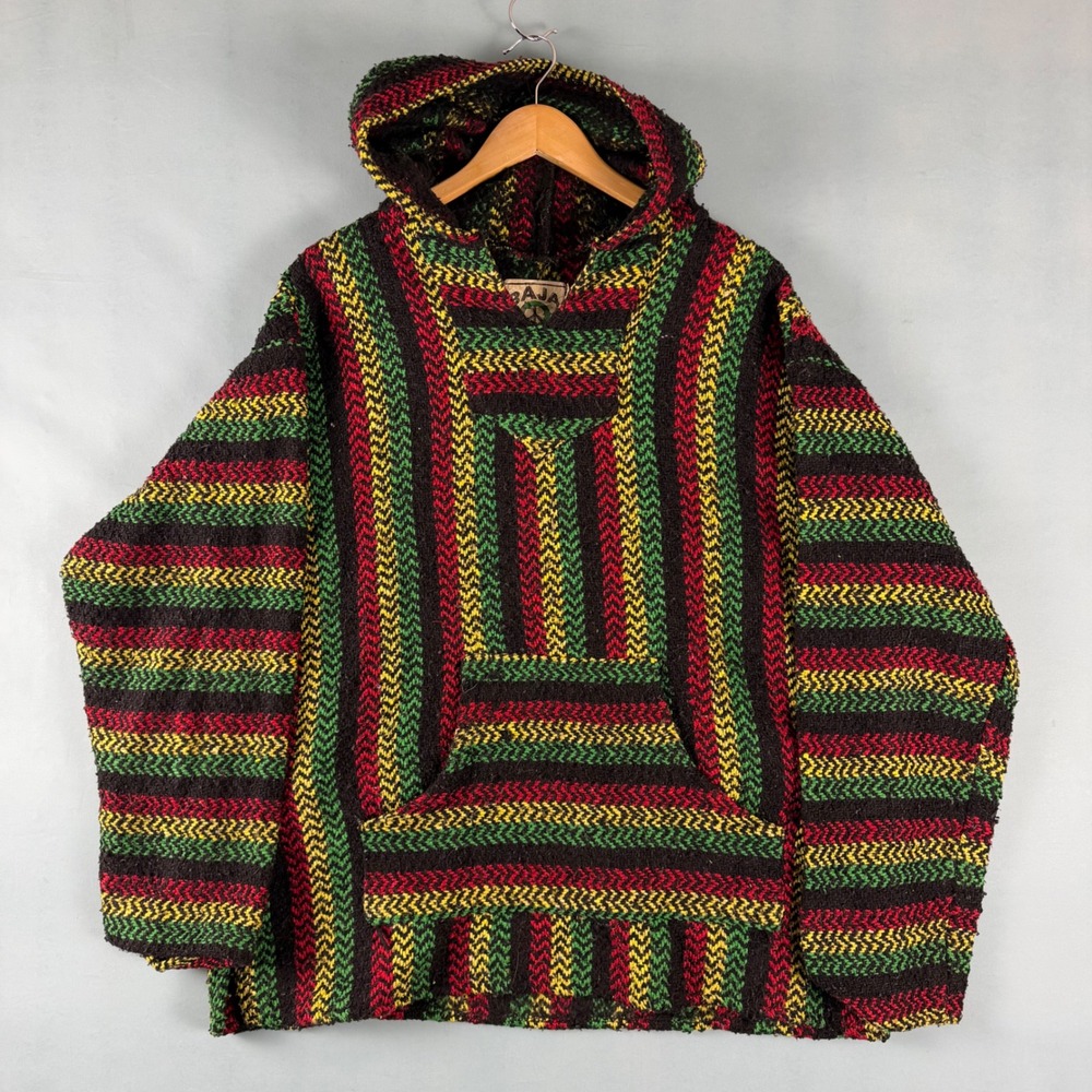 Baja Joe Mens XL Black Rasta Striped Mexican Baja Hoodie Drug Rug Pullover